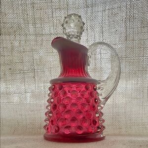 Fenton Glass Cranberry Opalescent Hobnail Oil Bottle Cruet w/ Crystal Stopper